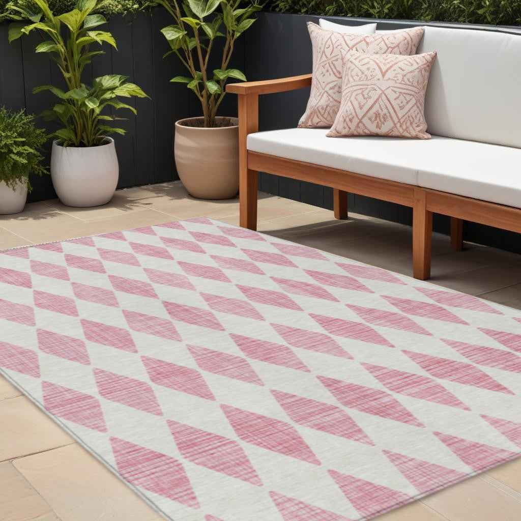 10' X 14' Pink And Ivory Geometric Washable Indoor Outdoor Area Rug