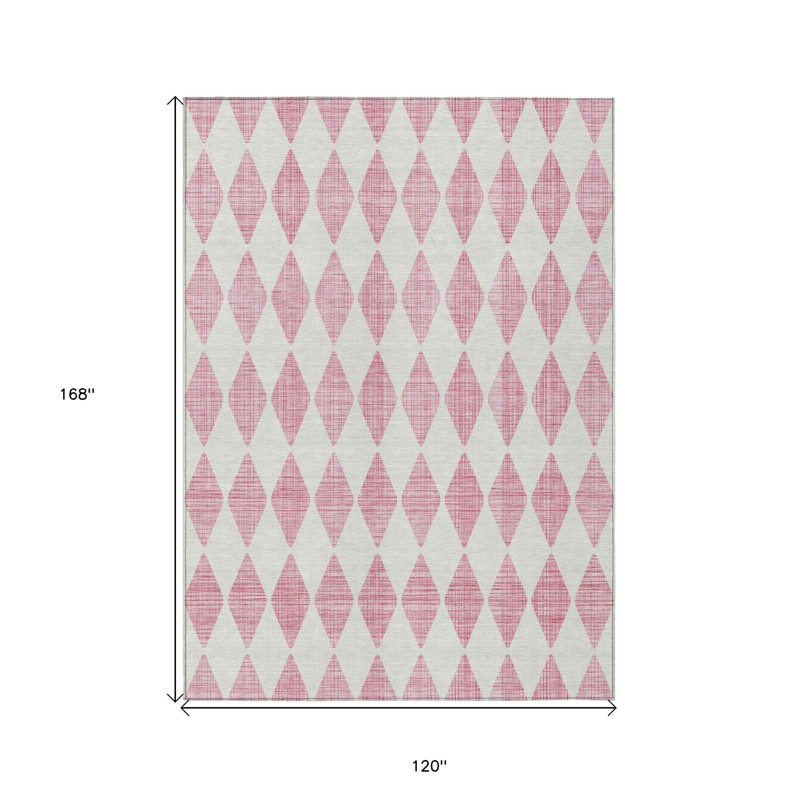10' X 14' Pink And Ivory Geometric Washable Indoor Outdoor Area Rug