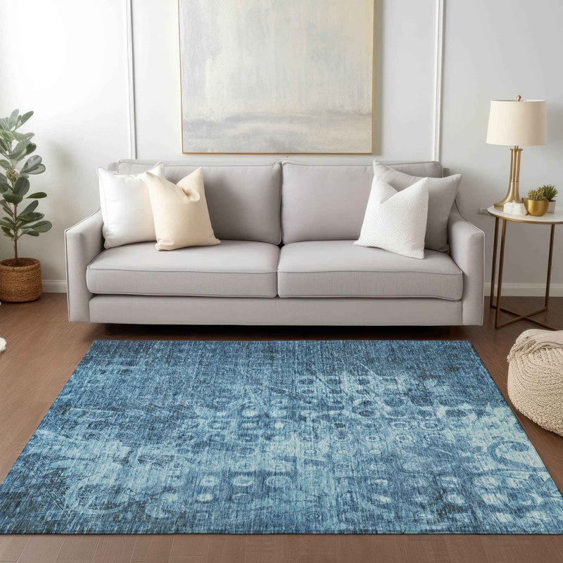 10' X 14' Blue Ikat Washable Indoor Outdoor Area Rug