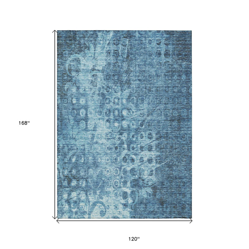10' X 14' Blue Ikat Washable Indoor Outdoor Area Rug