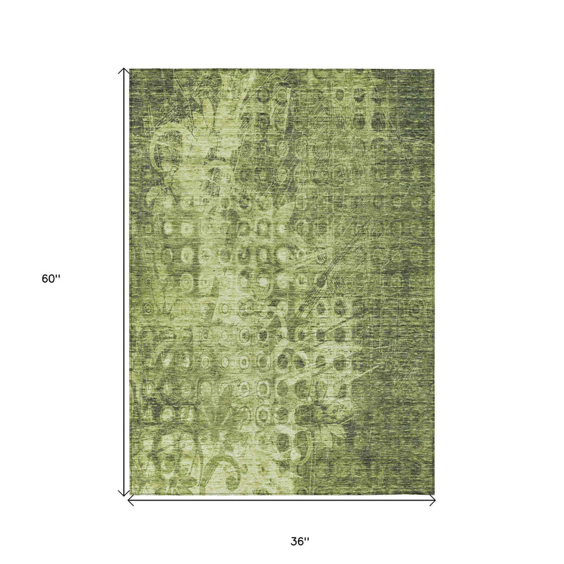 3' X 5' Olive Green Ikat Washable Indoor Outdoor Area Rug