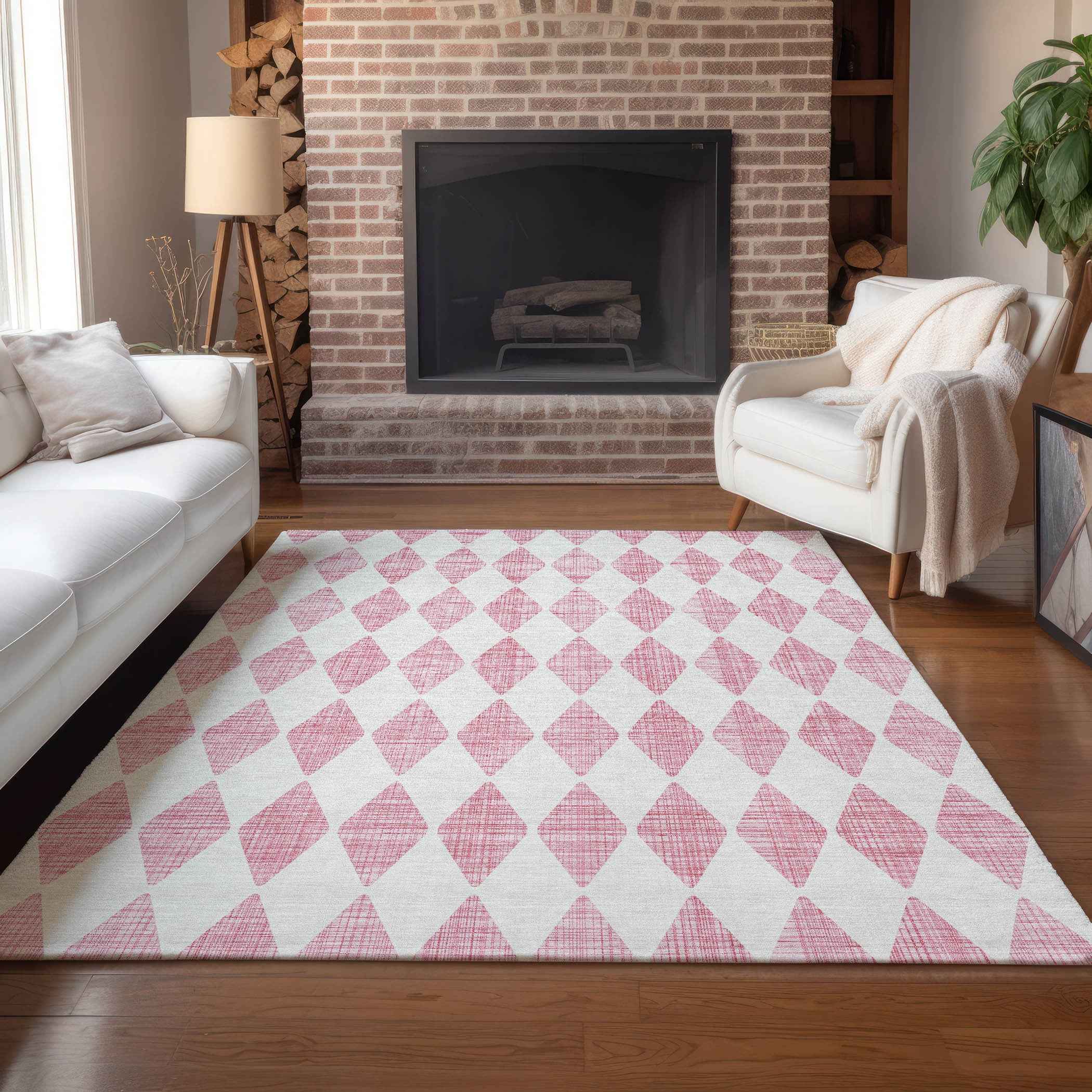 5' X 8' Pink And Ivory Geometric Washable Indoor Outdoor Area Rug