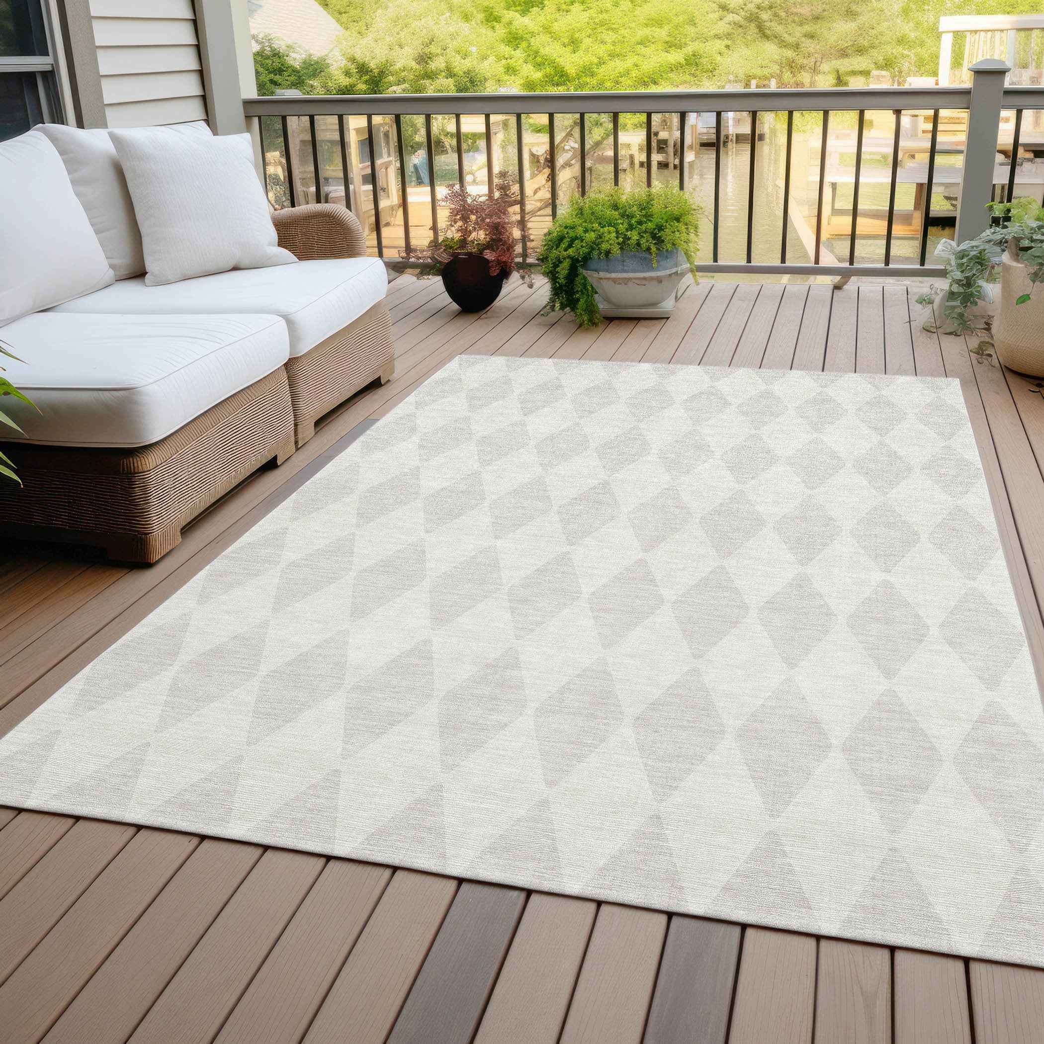 9' X 12' Ivory And Beige Geometric Washable Indoor Outdoor Area Rug