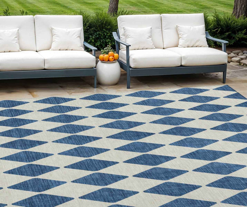 8' X 10' Navy Blue And Ivory Geometric Washable Indoor Outdoor Area Rug