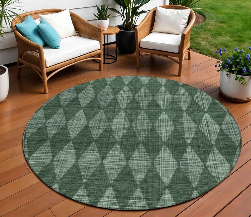8' Olive Green And Charcoal Round Geometric Washable Indoor Outdoor Area Rug