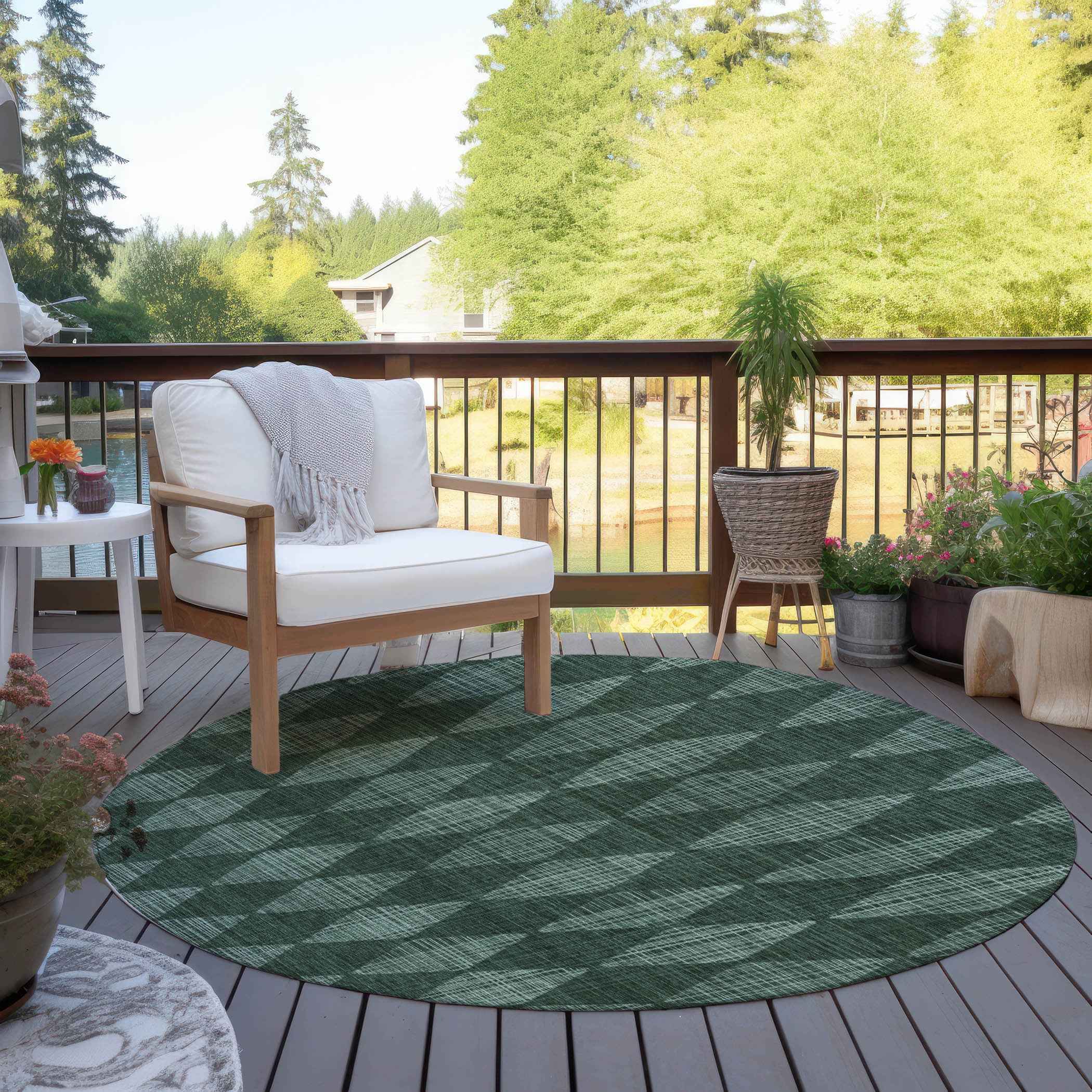 8' Olive Green And Charcoal Round Geometric Washable Indoor Outdoor Area Rug