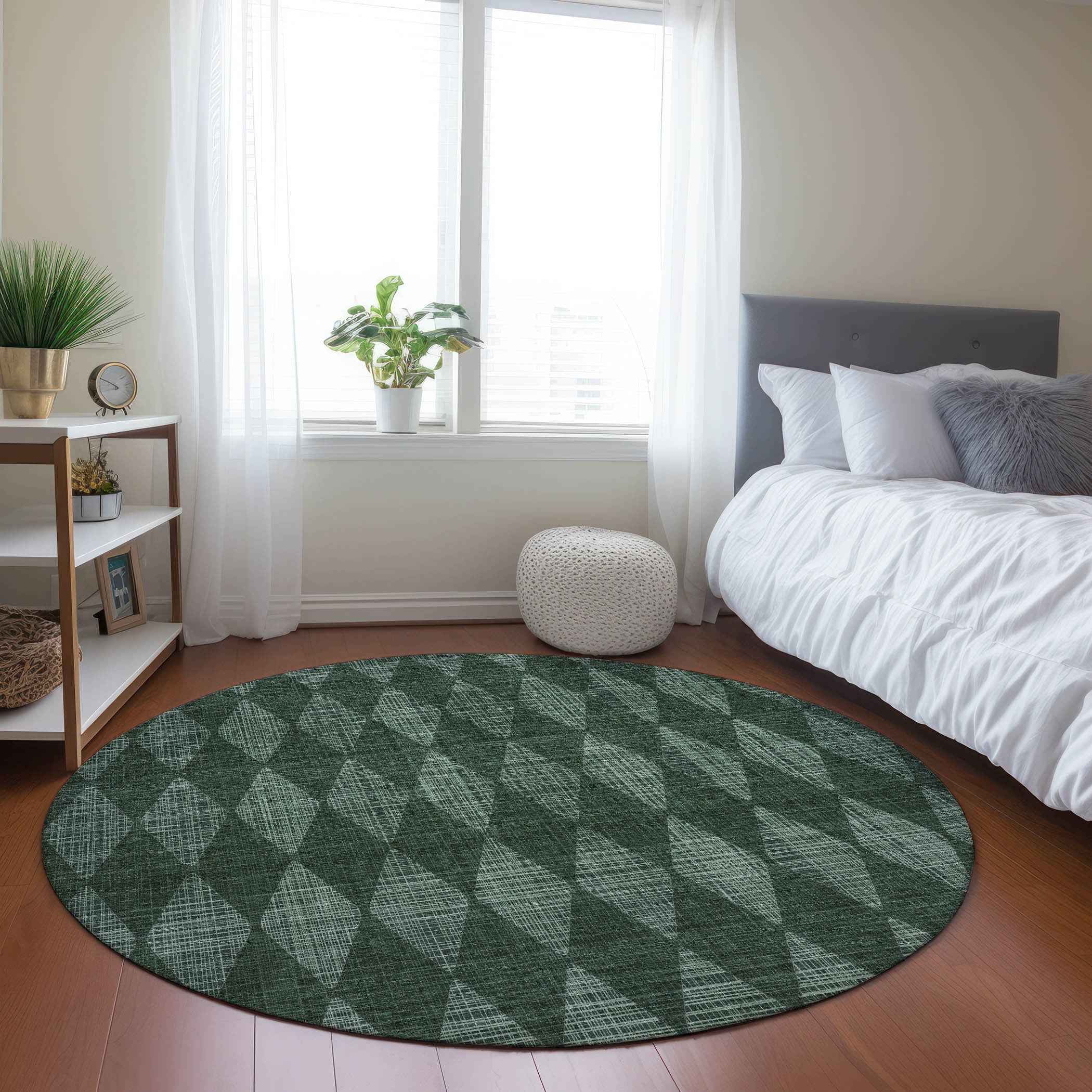 8' Olive Green And Charcoal Round Geometric Washable Indoor Outdoor Area Rug