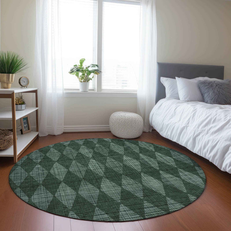 8' Olive Green And Charcoal Round Geometric Washable Indoor Outdoor Area Rug