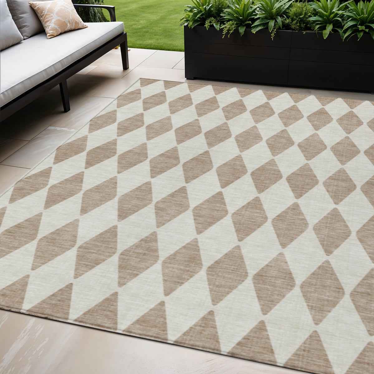 5' X 8' Taupe And Ivory Geometric Washable Indoor Outdoor Area Rug