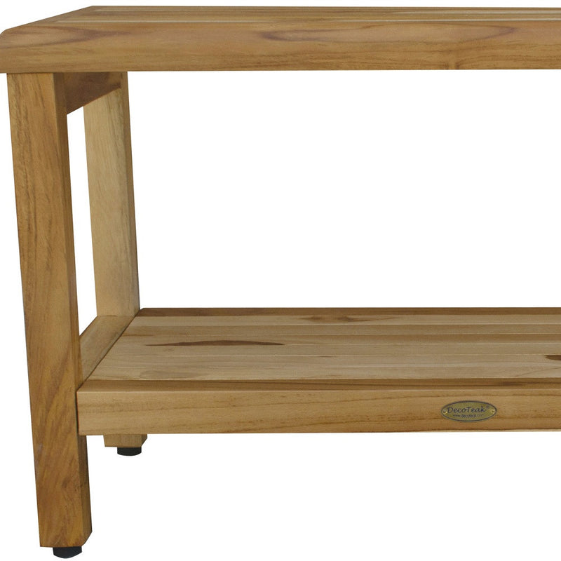 Natural teak shower bench corner view with side panel legs and lower shelf