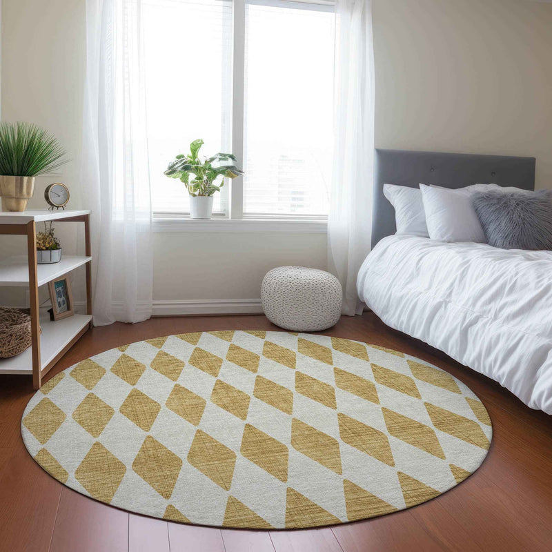 8' Gold And Light Brown Round Geometric Washable Indoor Outdoor Area Rug