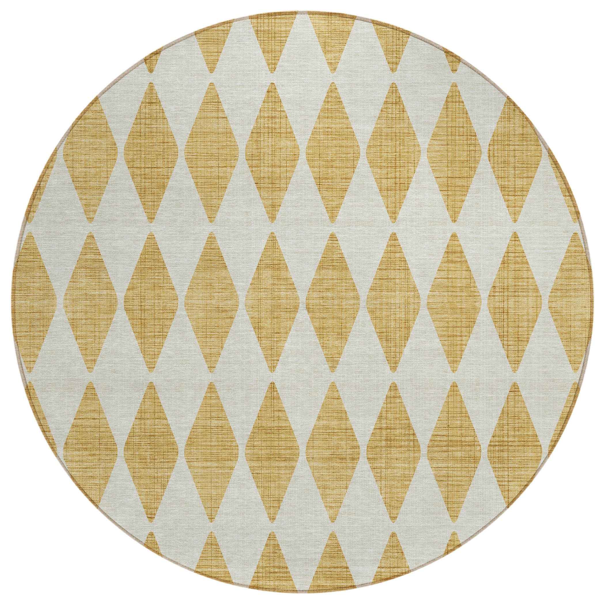 8' Gold And Light Brown Round Geometric Washable Indoor Outdoor Area Rug