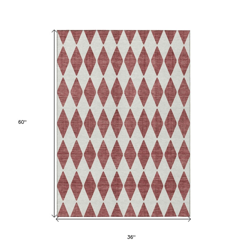 3' X 5' Burgundy Geometric Washable Indoor Outdoor Area Rug