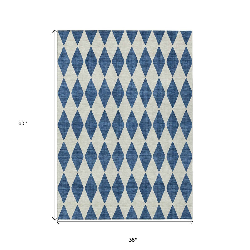 3' X 5' Navy Blue And Ivory Geometric Washable Indoor Outdoor Area Rug
