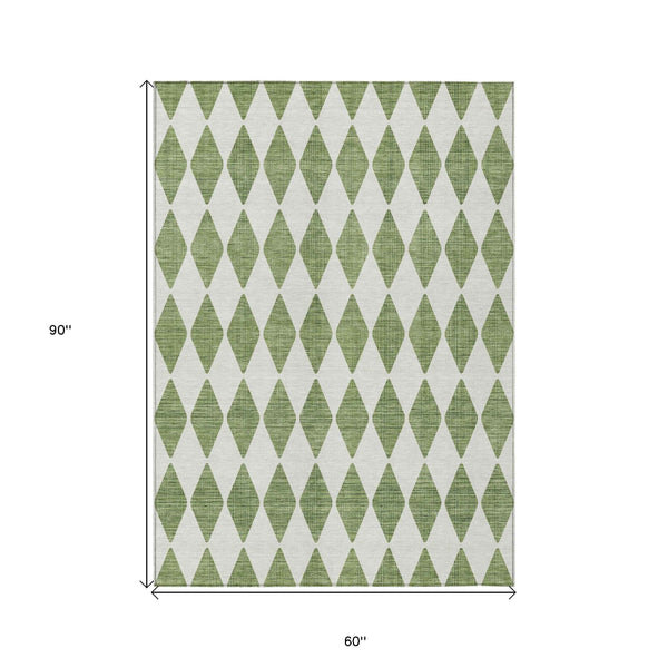 5' X 8' Green And Ivory Geometric Washable Indoor Outdoor Area Rug