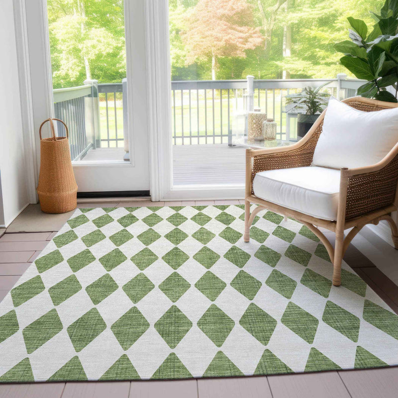5' X 8' Green And Ivory Geometric Washable Indoor Outdoor Area Rug