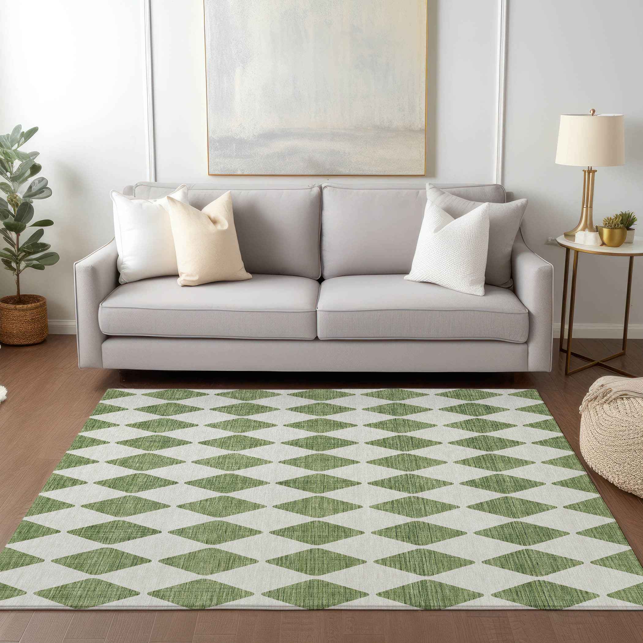 5' X 8' Green And Ivory Geometric Washable Indoor Outdoor Area Rug