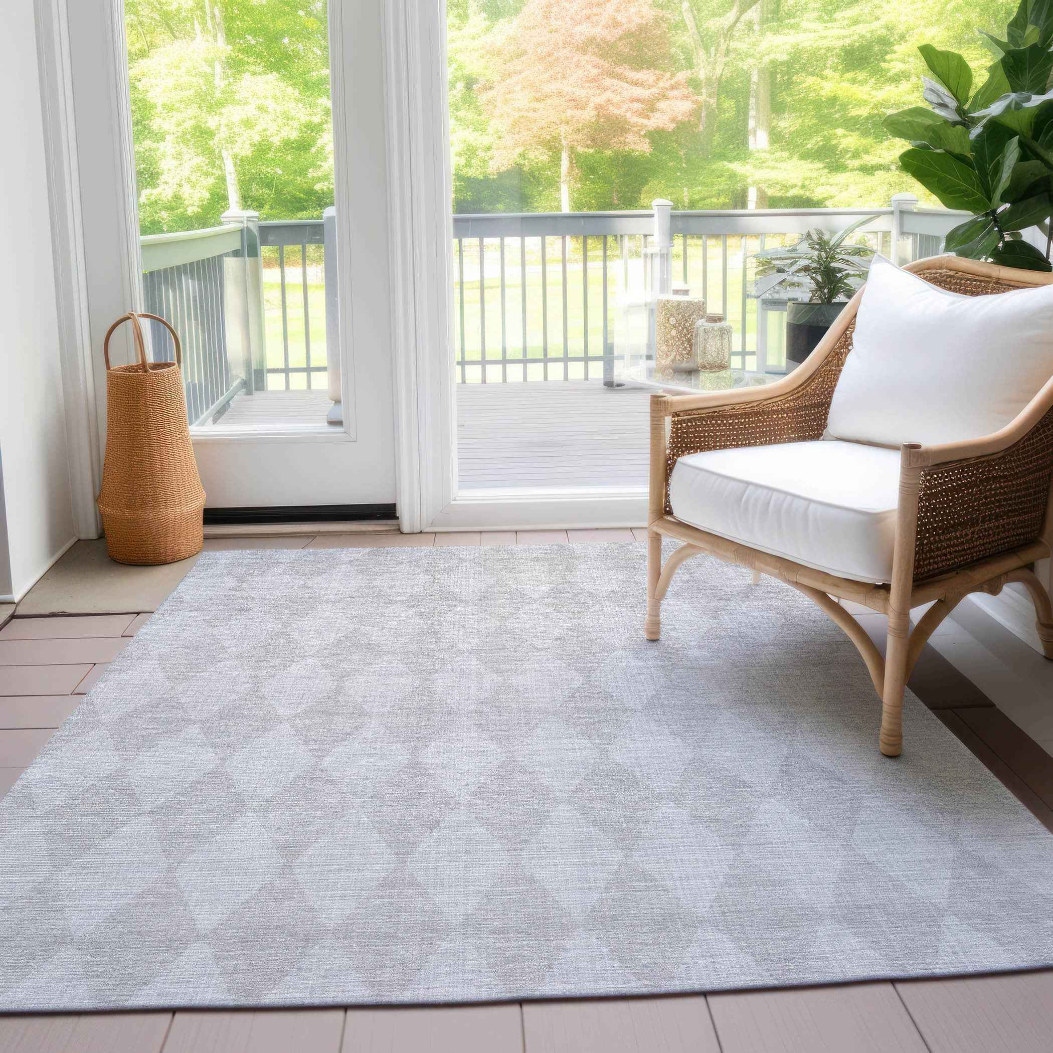 3' X 5' Pewter And Silver Geometric Washable Indoor Outdoor Area Rug