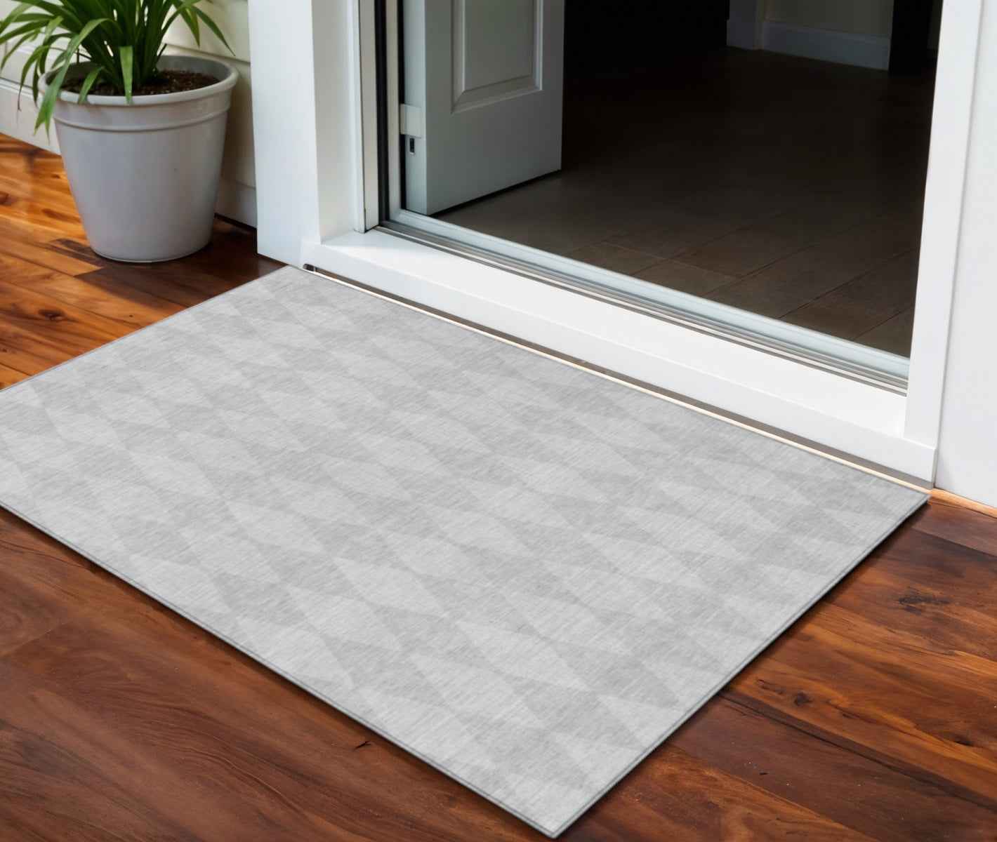 3' X 5' Pewter And Silver Geometric Washable Indoor Outdoor Area Rug
