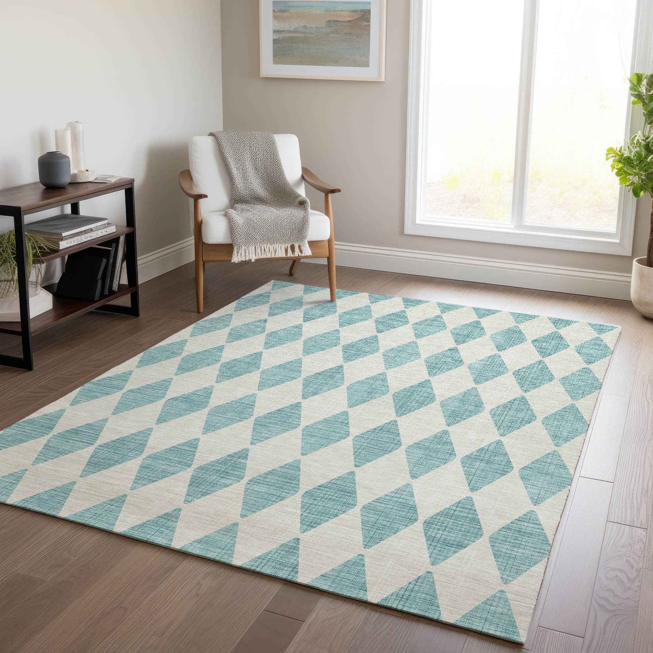 3' X 5' Teal Blue And Ivory Geometric Washable Indoor Outdoor Area Rug