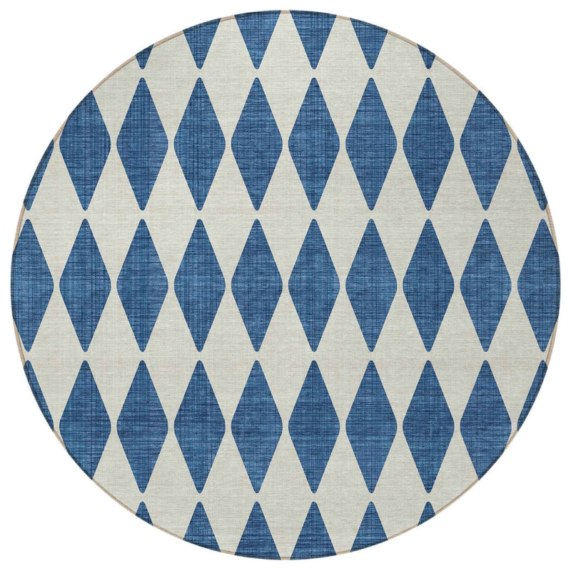 8' Navy Blue And Ivory Round Geometric Washable Indoor Outdoor Area Rug