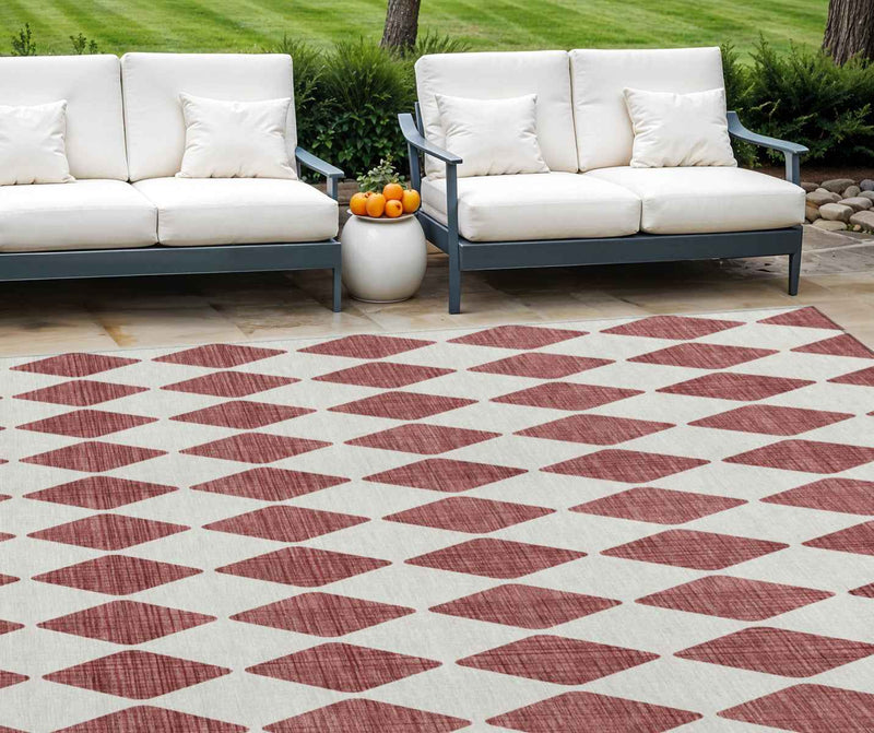 10' X 14' Burgundy Geometric Washable Indoor Outdoor Area Rug