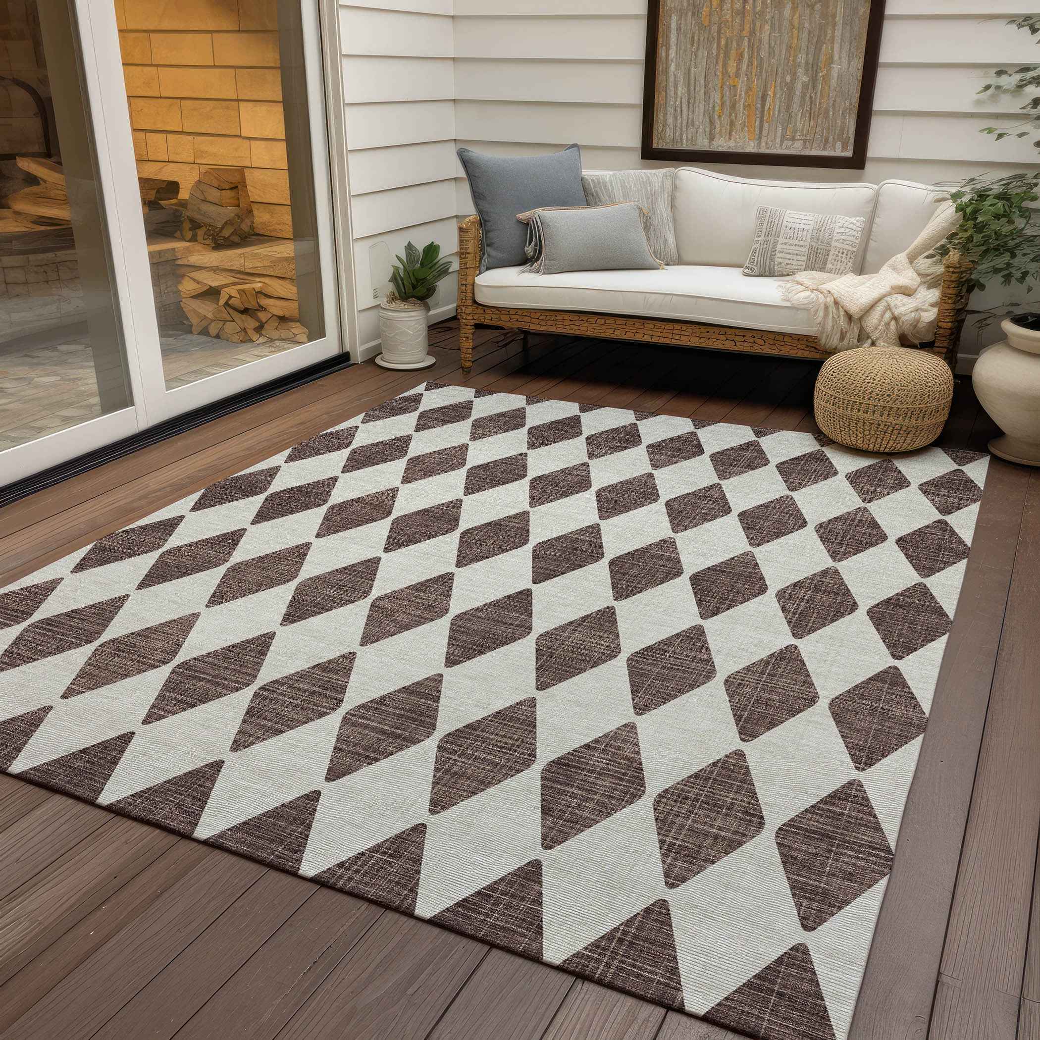8' X 10' Brown Geometric Washable Indoor Outdoor Area Rug