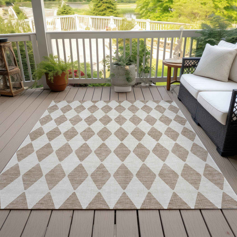 9' X 12' Taupe And Ivory Geometric Washable Indoor Outdoor Area Rug