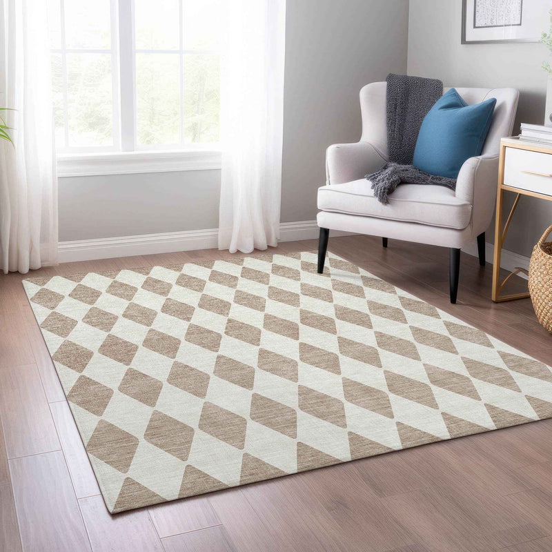 9' X 12' Taupe And Ivory Geometric Washable Indoor Outdoor Area Rug