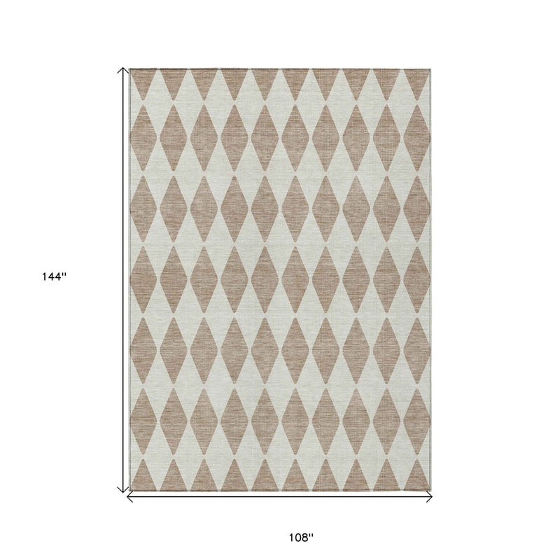9' X 12' Taupe And Ivory Geometric Washable Indoor Outdoor Area Rug