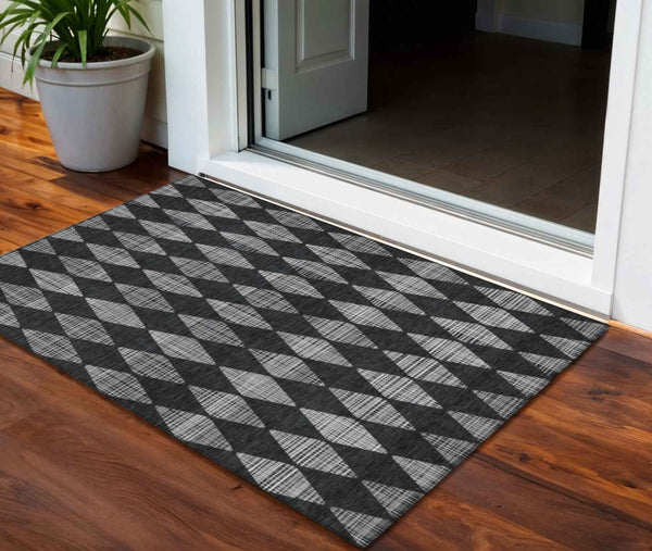 3' X 5' Charcoal Geometric Washable Indoor Outdoor Area Rug