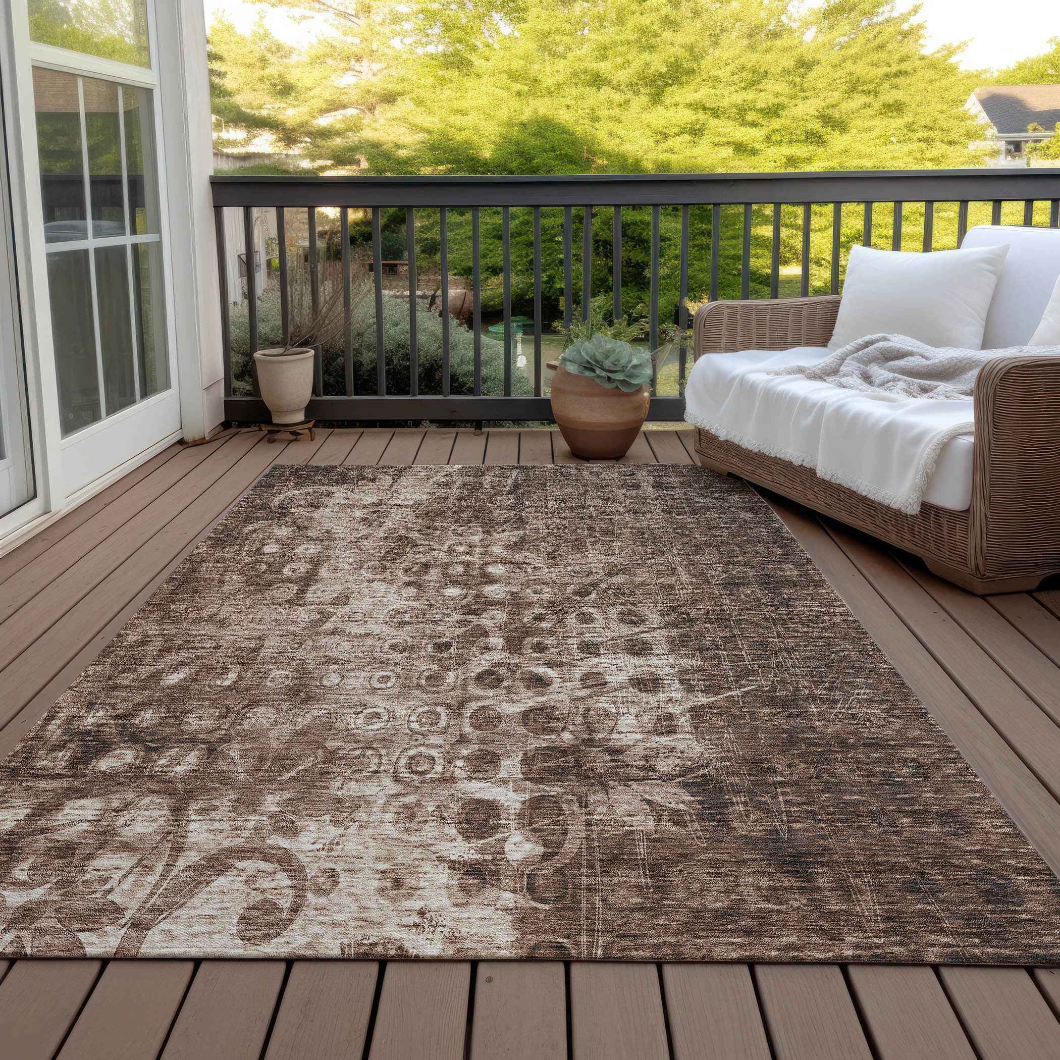 5' X 8' Chocolate Ikat Washable Indoor Outdoor Area Rug