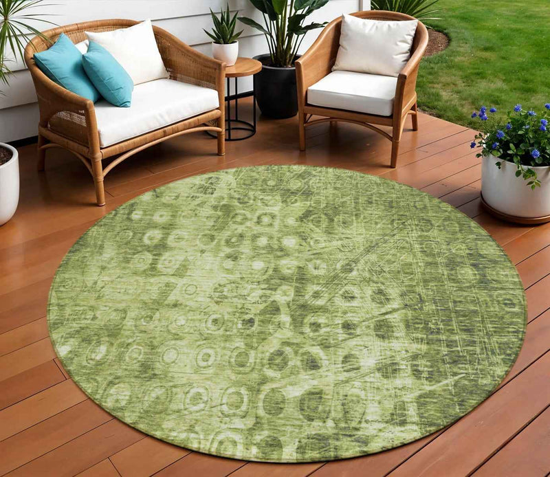 8' Olive Green Round Ikat Washable Indoor Outdoor Area Rug