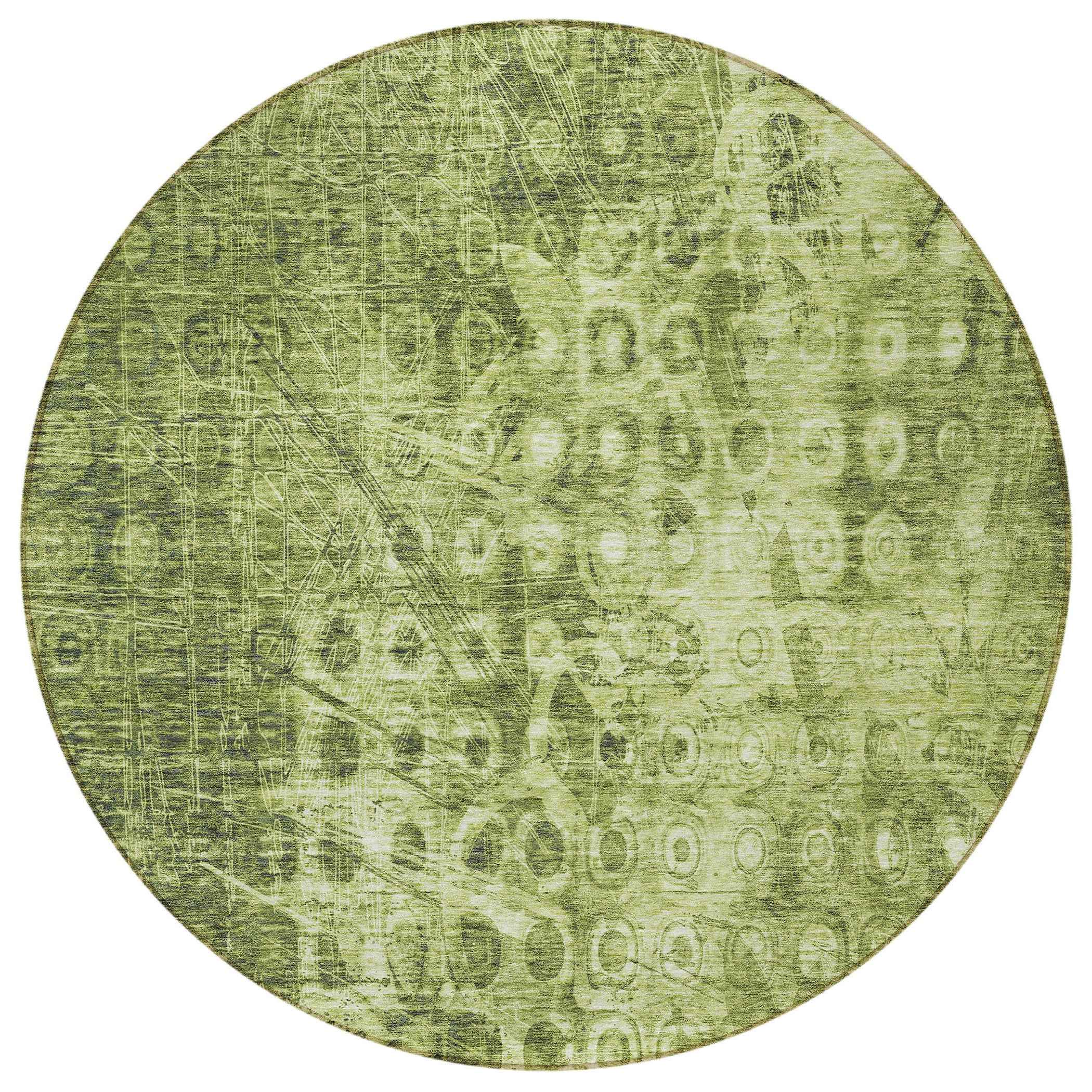 8' Olive Green Round Ikat Washable Indoor Outdoor Area Rug