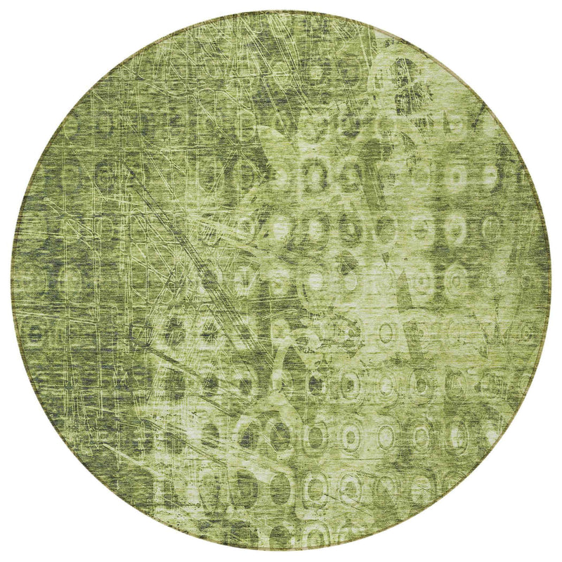 8' Olive Green Round Ikat Washable Indoor Outdoor Area Rug
