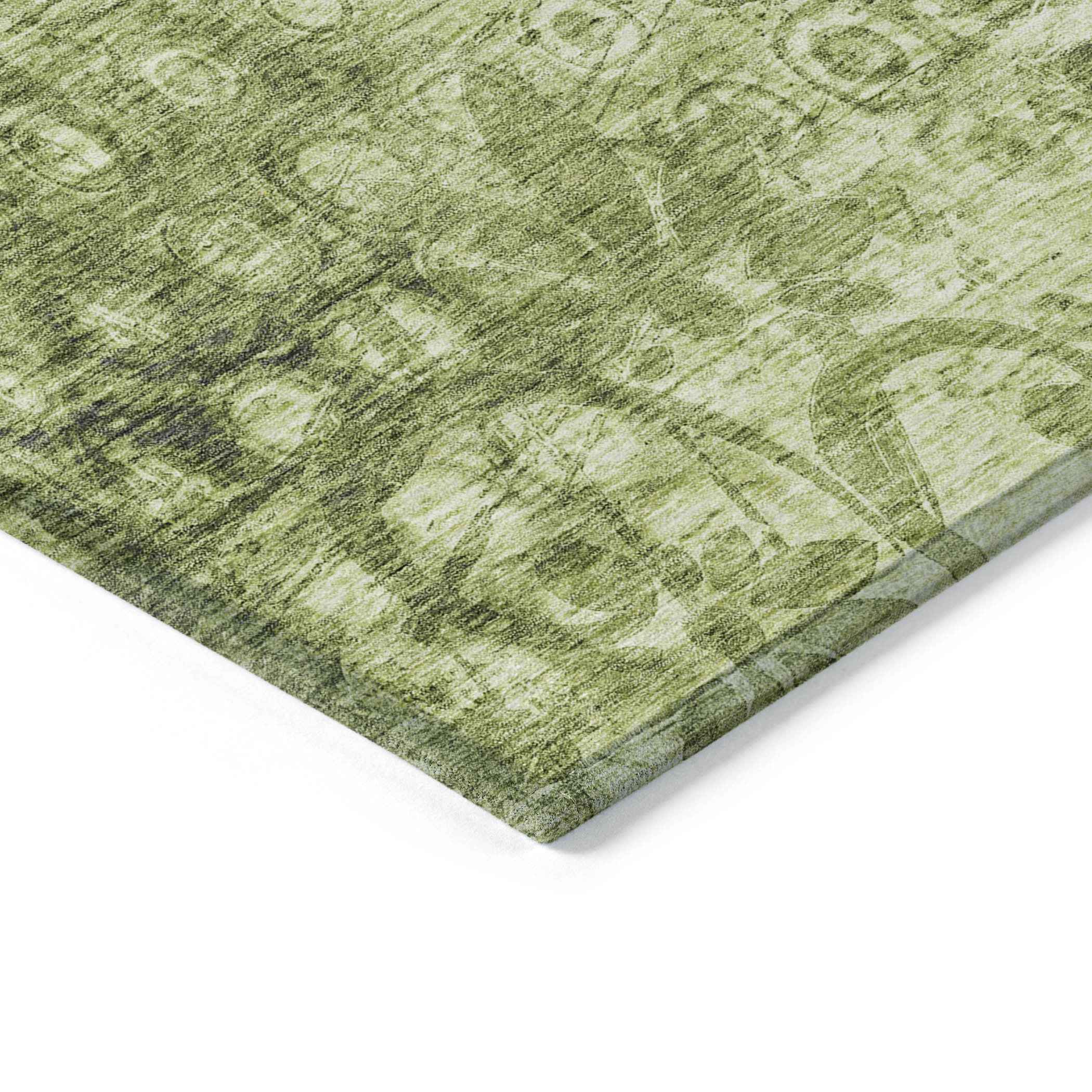 8' Olive Green Round Ikat Washable Indoor Outdoor Area Rug