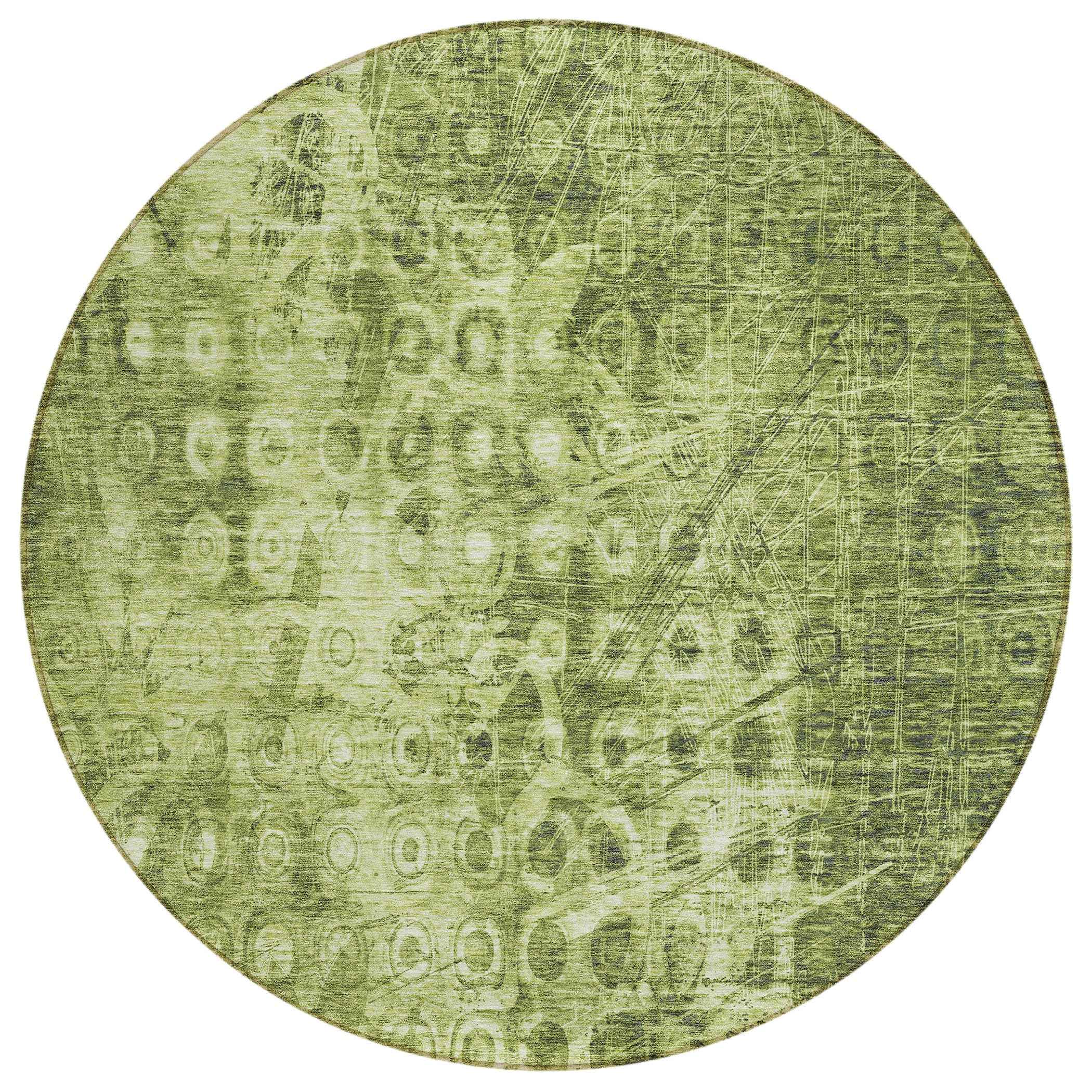 8' Olive Green Round Ikat Washable Indoor Outdoor Area Rug