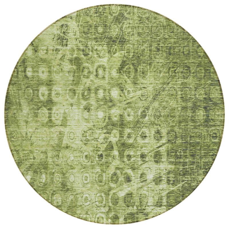 8' Olive Green Round Ikat Washable Indoor Outdoor Area Rug