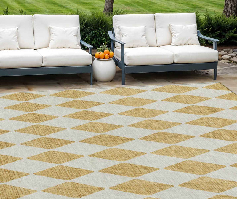 9' X 12' Gold And Light Brown Geometric Washable Indoor Outdoor Area Rug