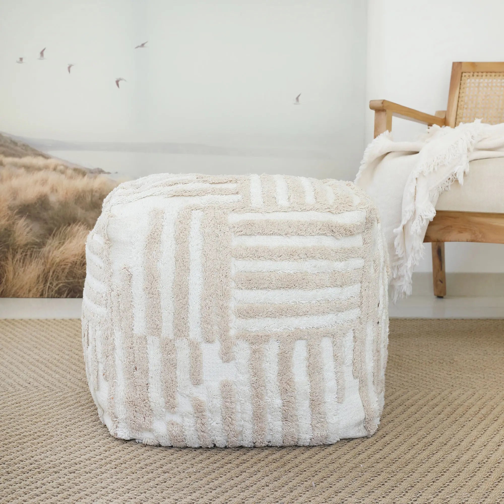 18" Beige Cotton Cube Striped Pouf Ottoman Homeroots Living Room