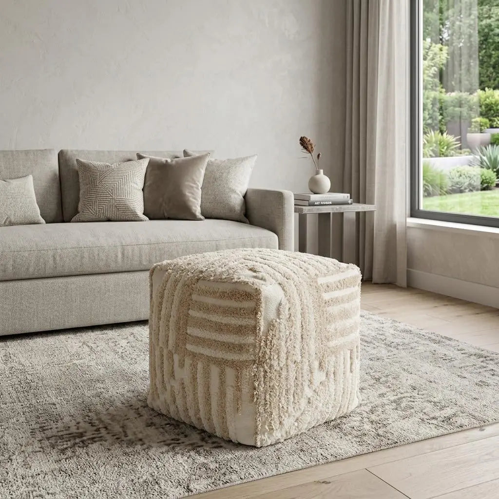 18" Beige Cotton Cube Striped Pouf Ottoman Homeroots Living Room