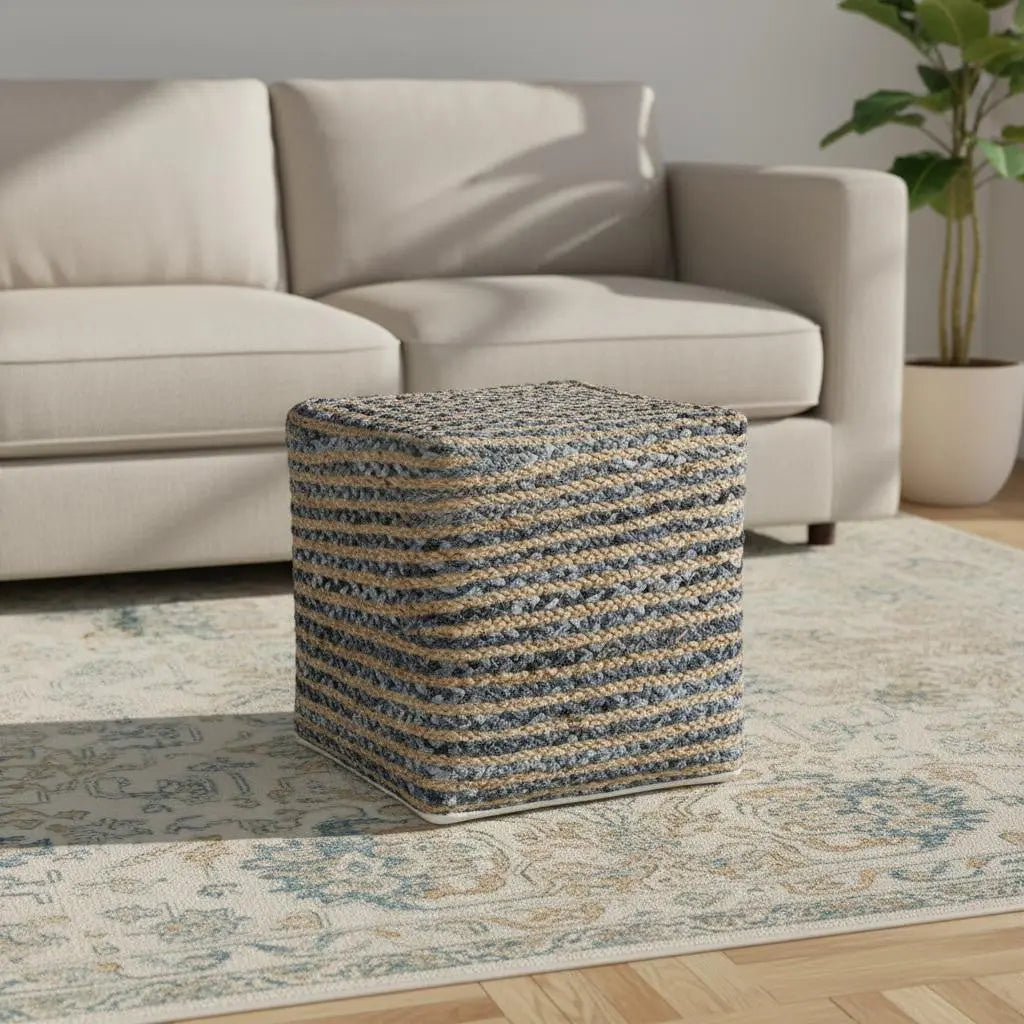 18" Beige and Blue Cotton And Jute Striped Pouf Ottoman Homeroots Living Room