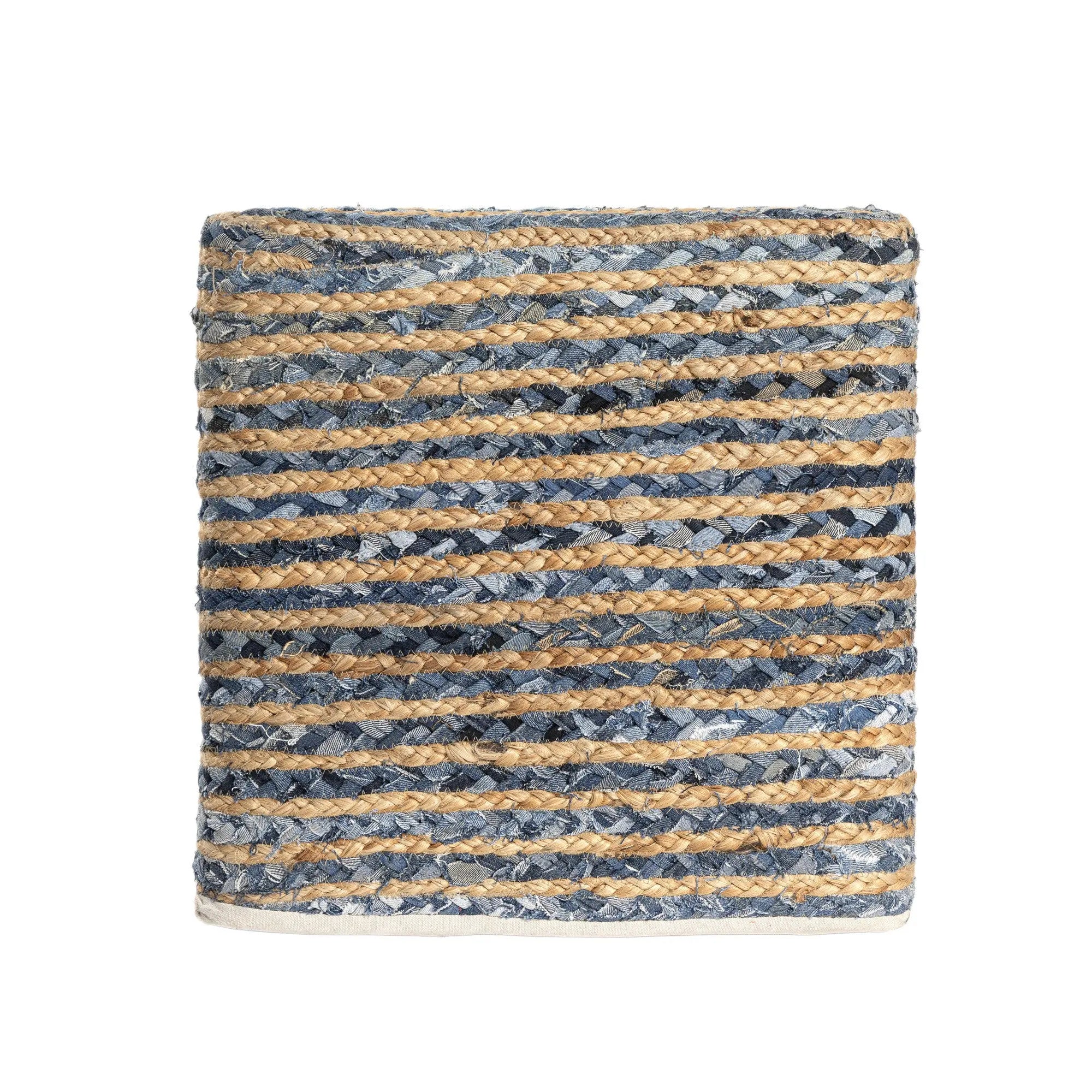 18" Beige and Blue Cotton And Jute Striped Pouf Ottoman Homeroots Living Room