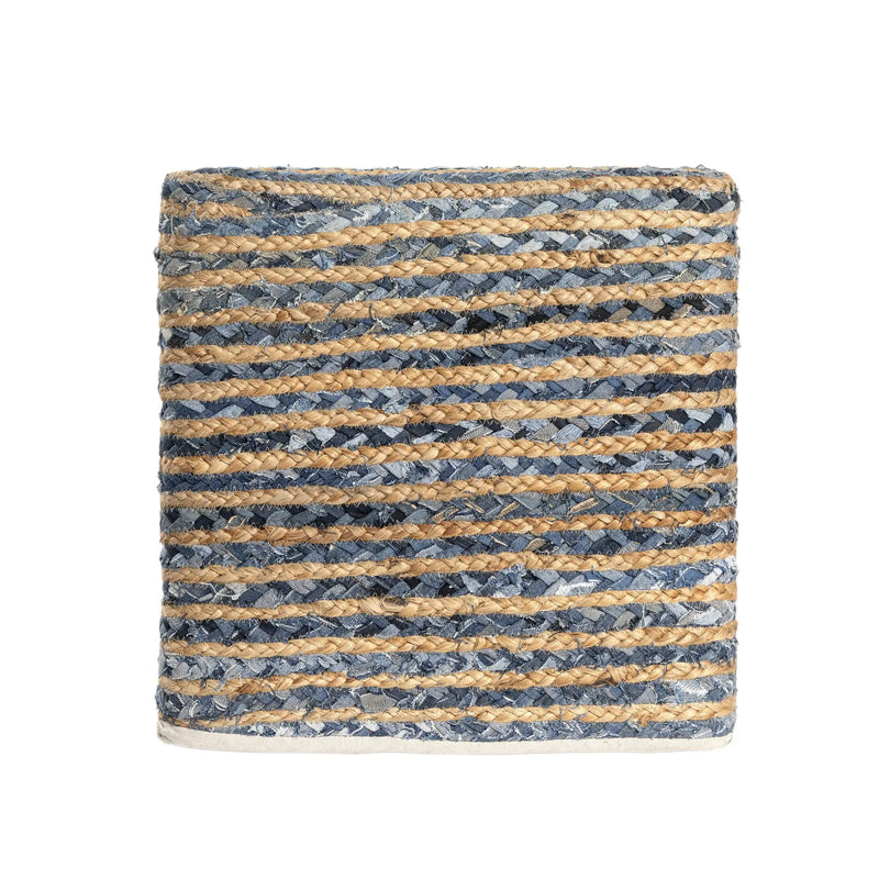 18" Beige and Blue Cotton And Jute Striped Pouf Ottoman Homeroots Living Room