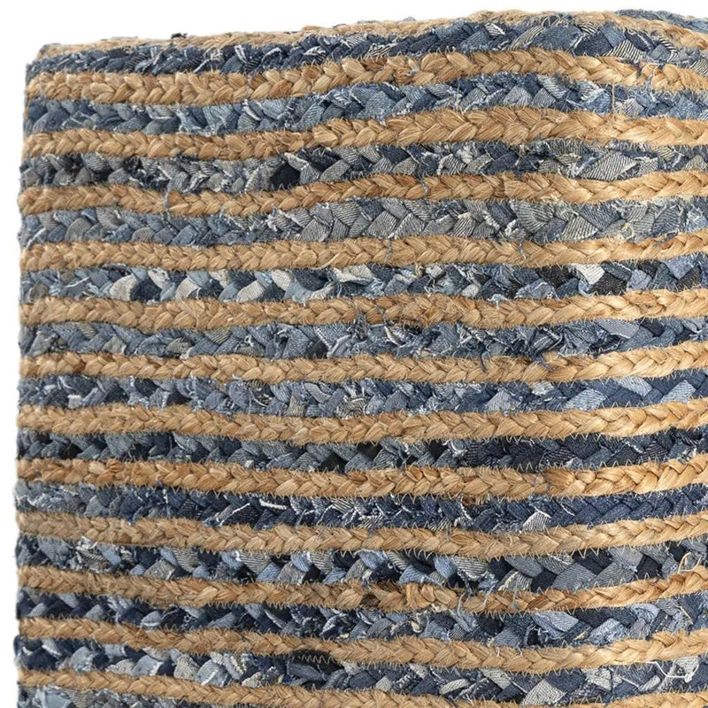 18" Beige and Blue Cotton And Jute Striped Pouf Ottoman Homeroots Living Room