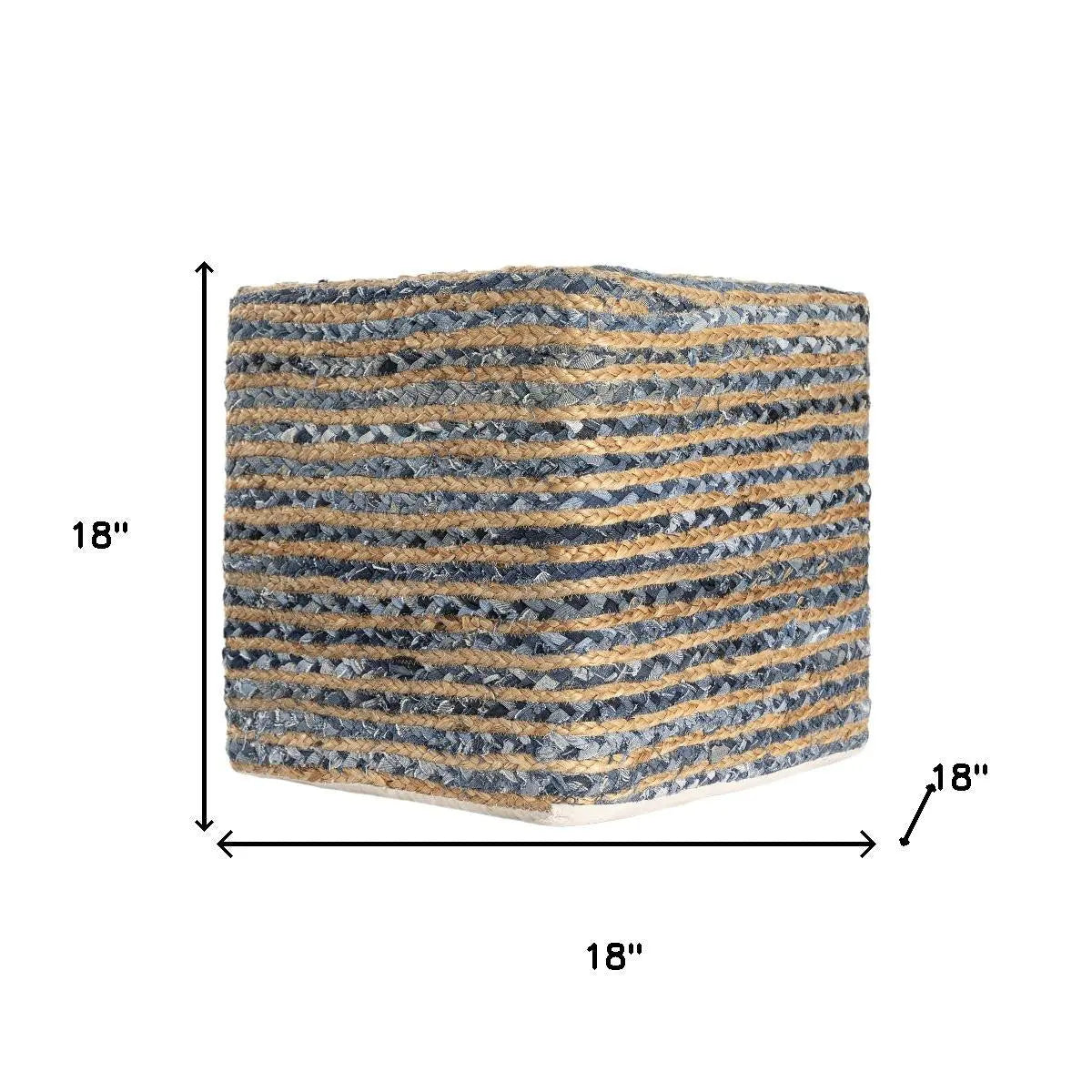 18" Beige and Blue Cotton And Jute Striped Pouf Ottoman Homeroots Living Room