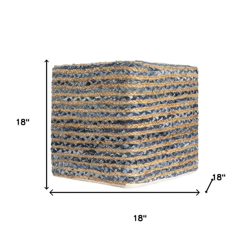 18" Beige and Blue Cotton And Jute Striped Pouf Ottoman Homeroots Living Room