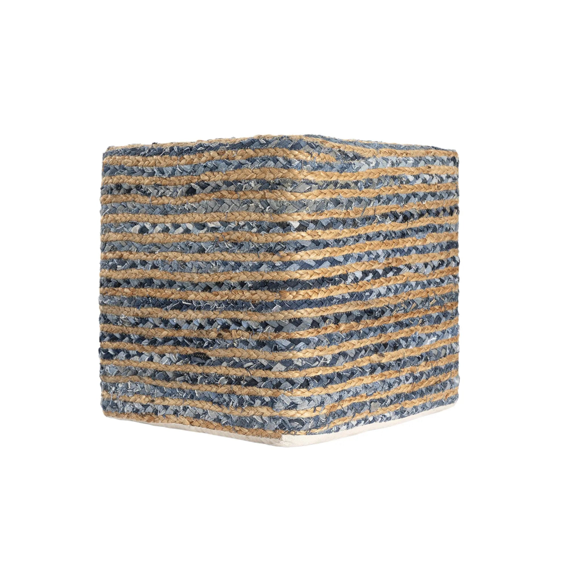 18" Beige and Blue Cotton And Jute Striped Pouf Ottoman Homeroots Living Room