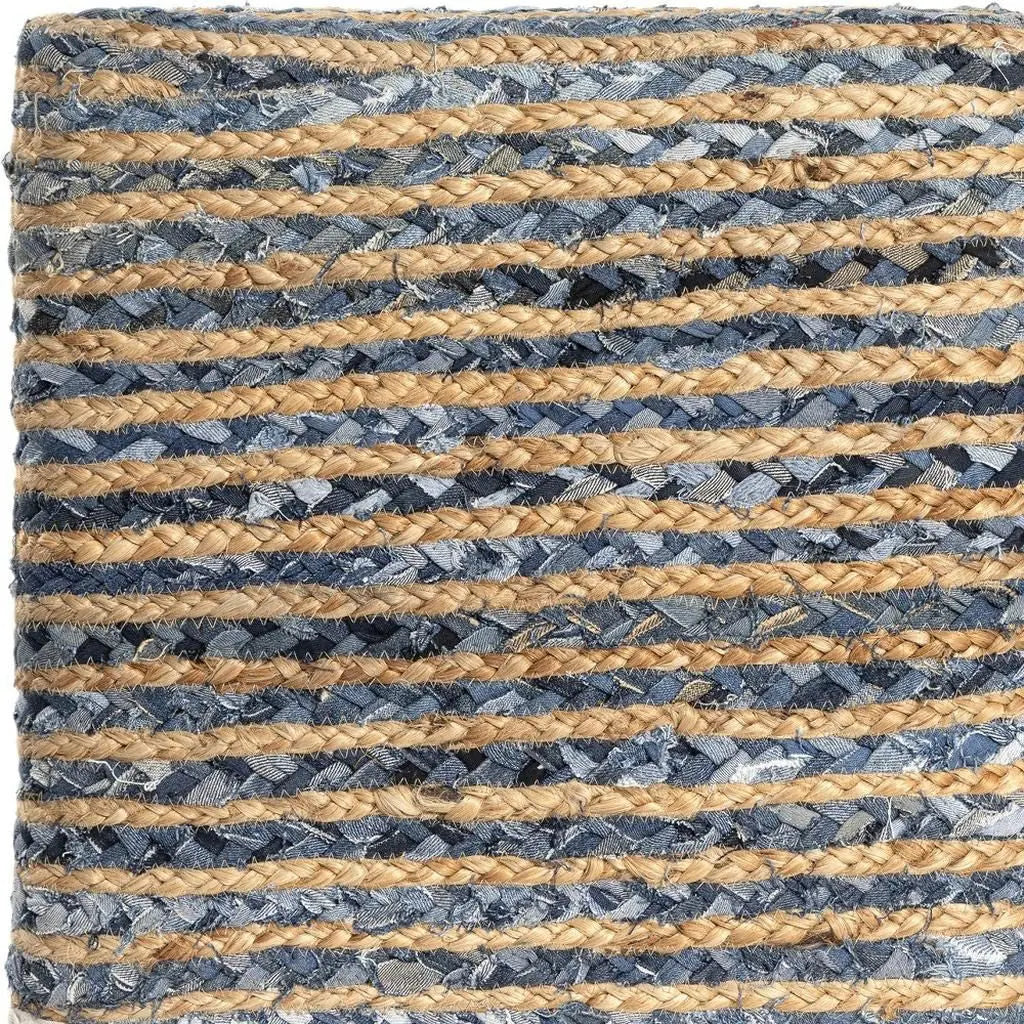 18" Beige and Blue Cotton And Jute Striped Pouf Ottoman Homeroots Living Room
