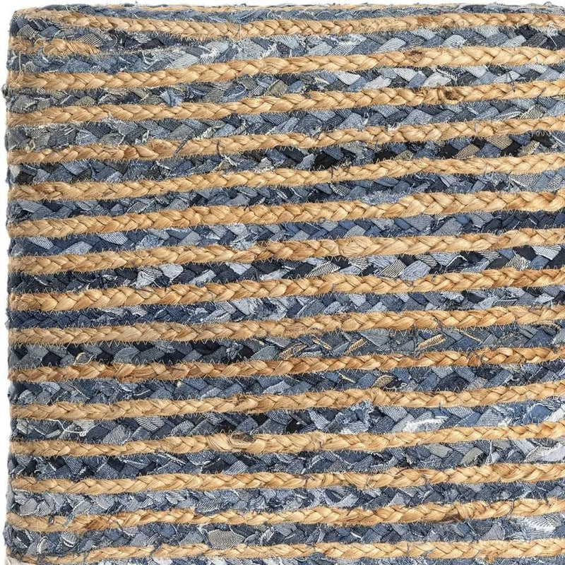18" Beige and Blue Cotton And Jute Striped Pouf Ottoman Homeroots Living Room
